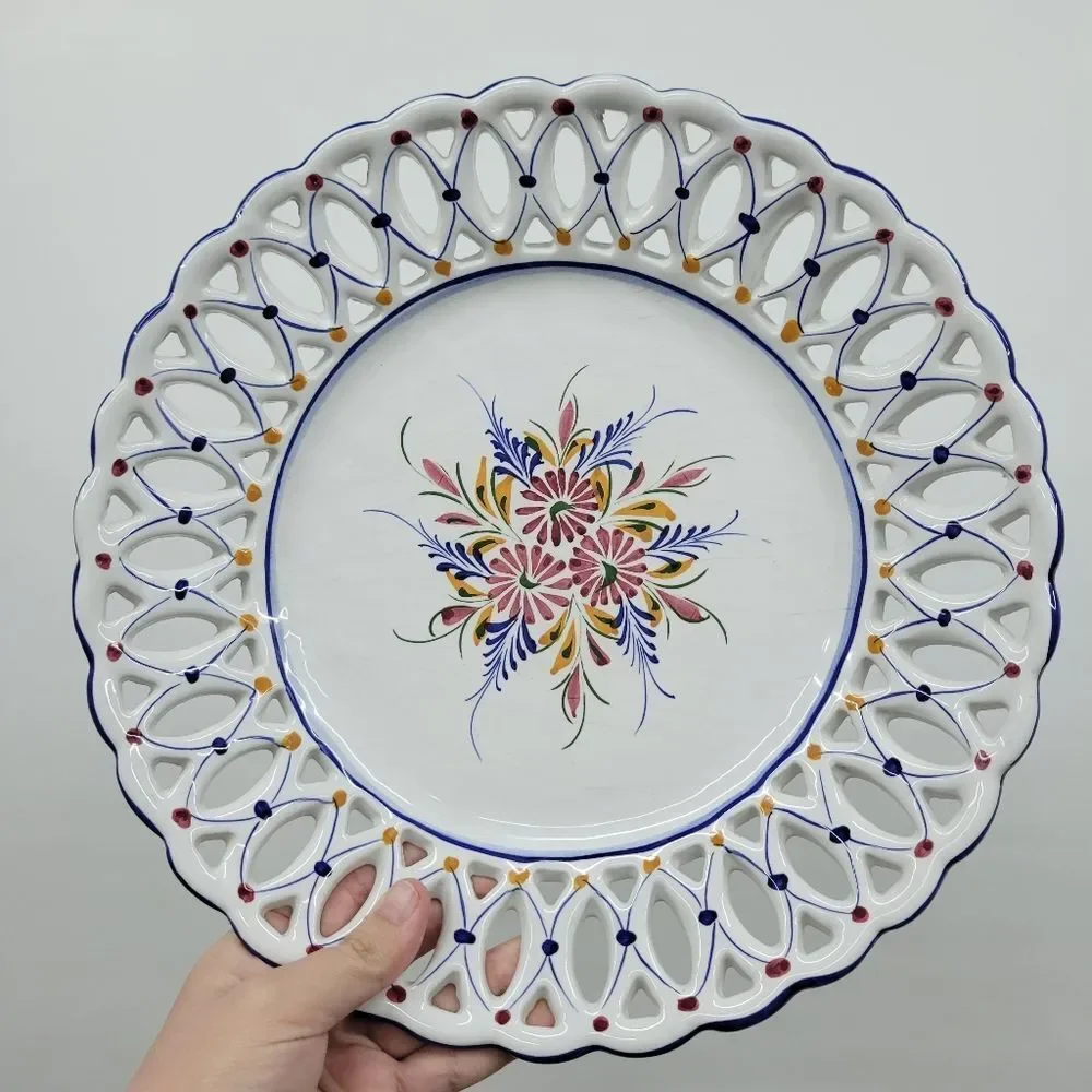 Hand-Painted Portuguese Pierced Vintage Plate – 12”